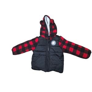 London Fog Kids 4T Red Black Buffalo Plaid Fleece Hooded Puffer Jacket Bear Ears